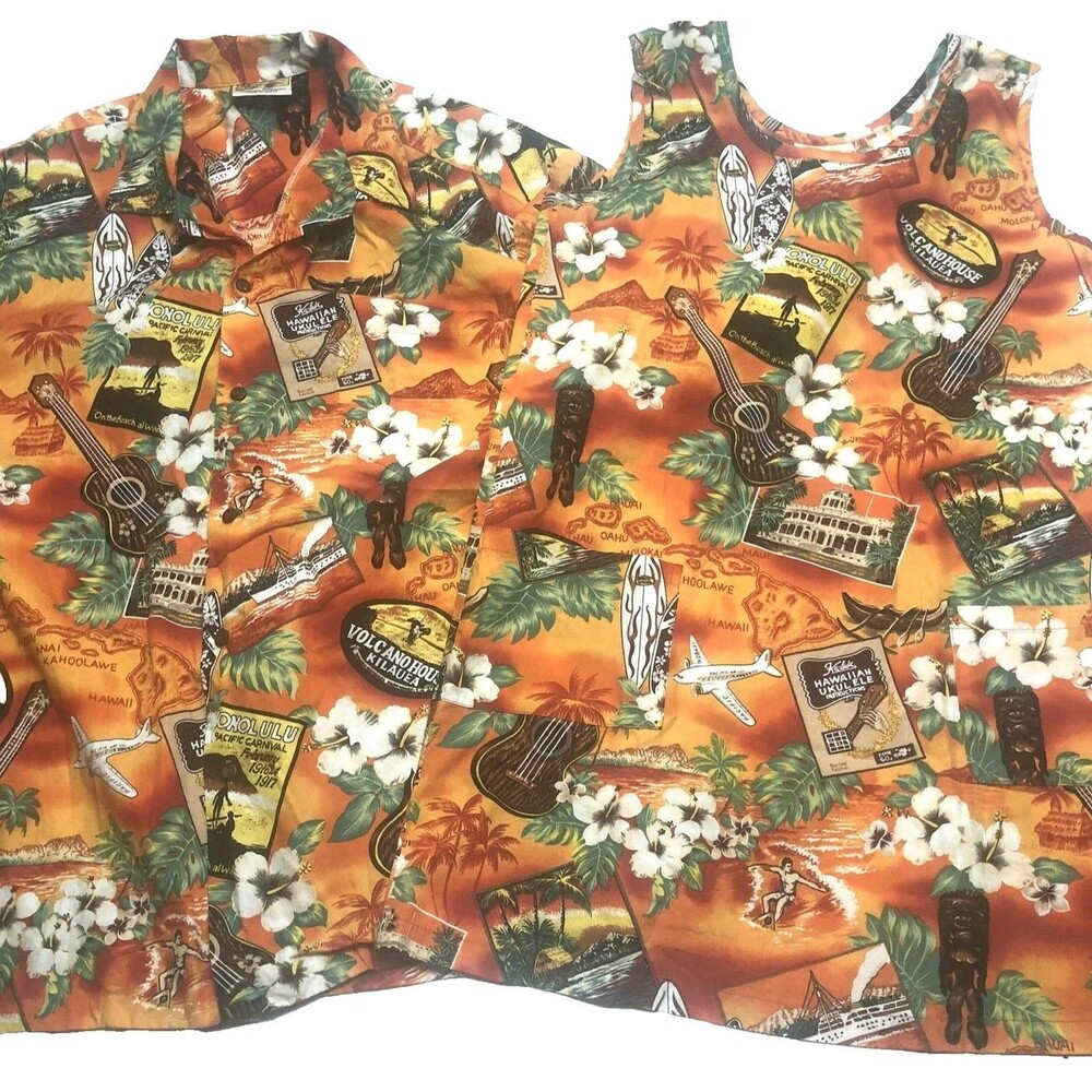 Winnie Fashions Hawaiian His and Hers Dress Pocket Volcano Button Shirt Size M